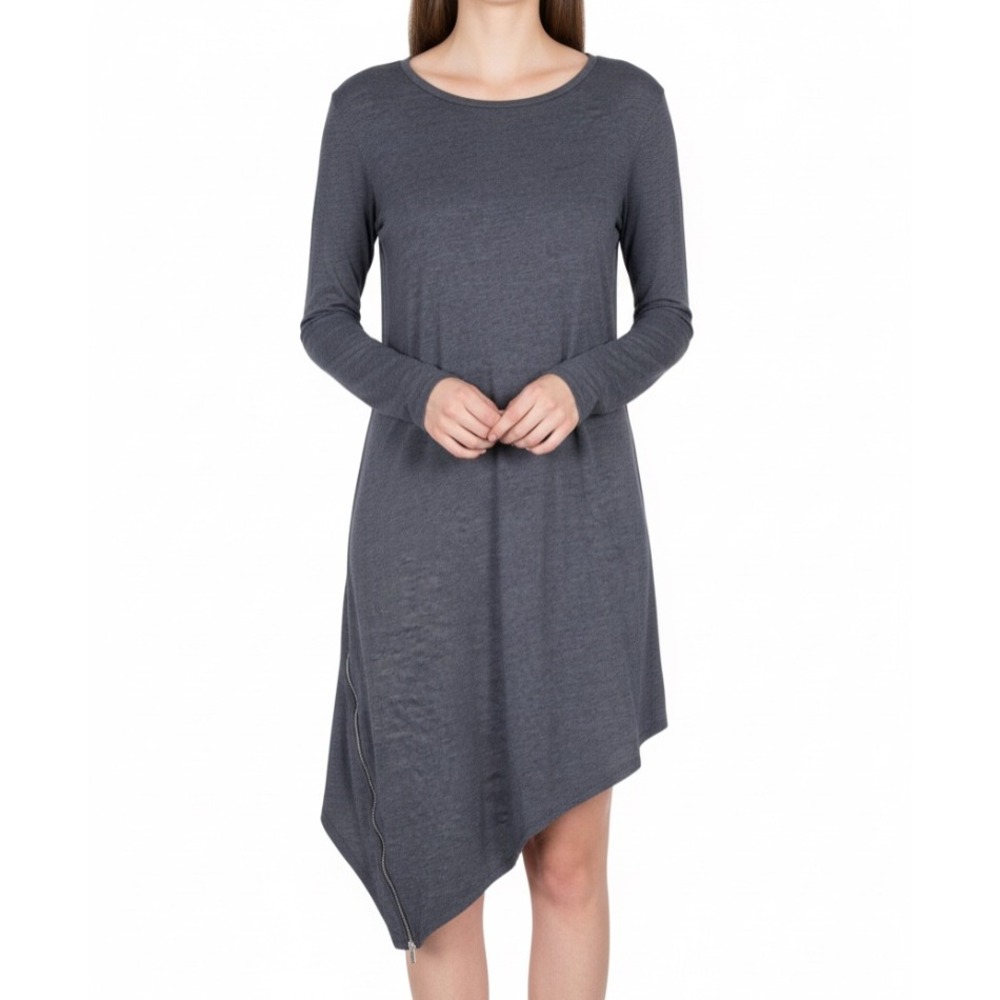 ZARA Charcoal Gray ZIPPER ASYMMETRICAL HEM Raw Hem SHIFT SWEATER DRESS Sz S